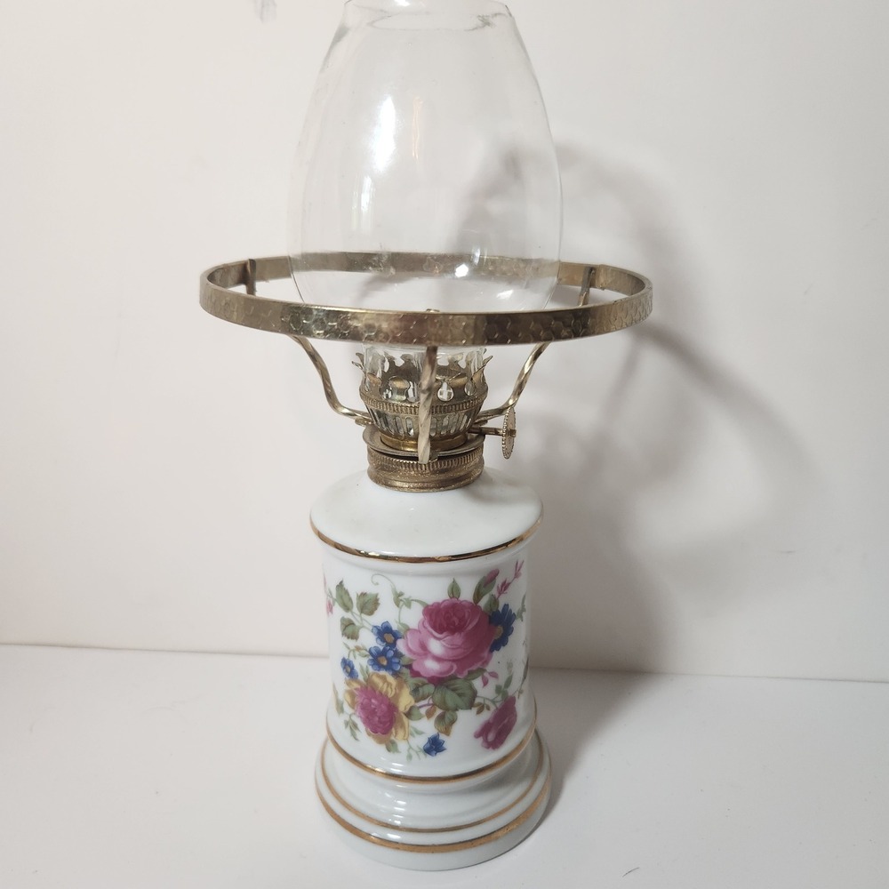 Vintage Giftcraft Toronto Porcelain Floral Oil Lamp Miniature Hurricane PinkRose
